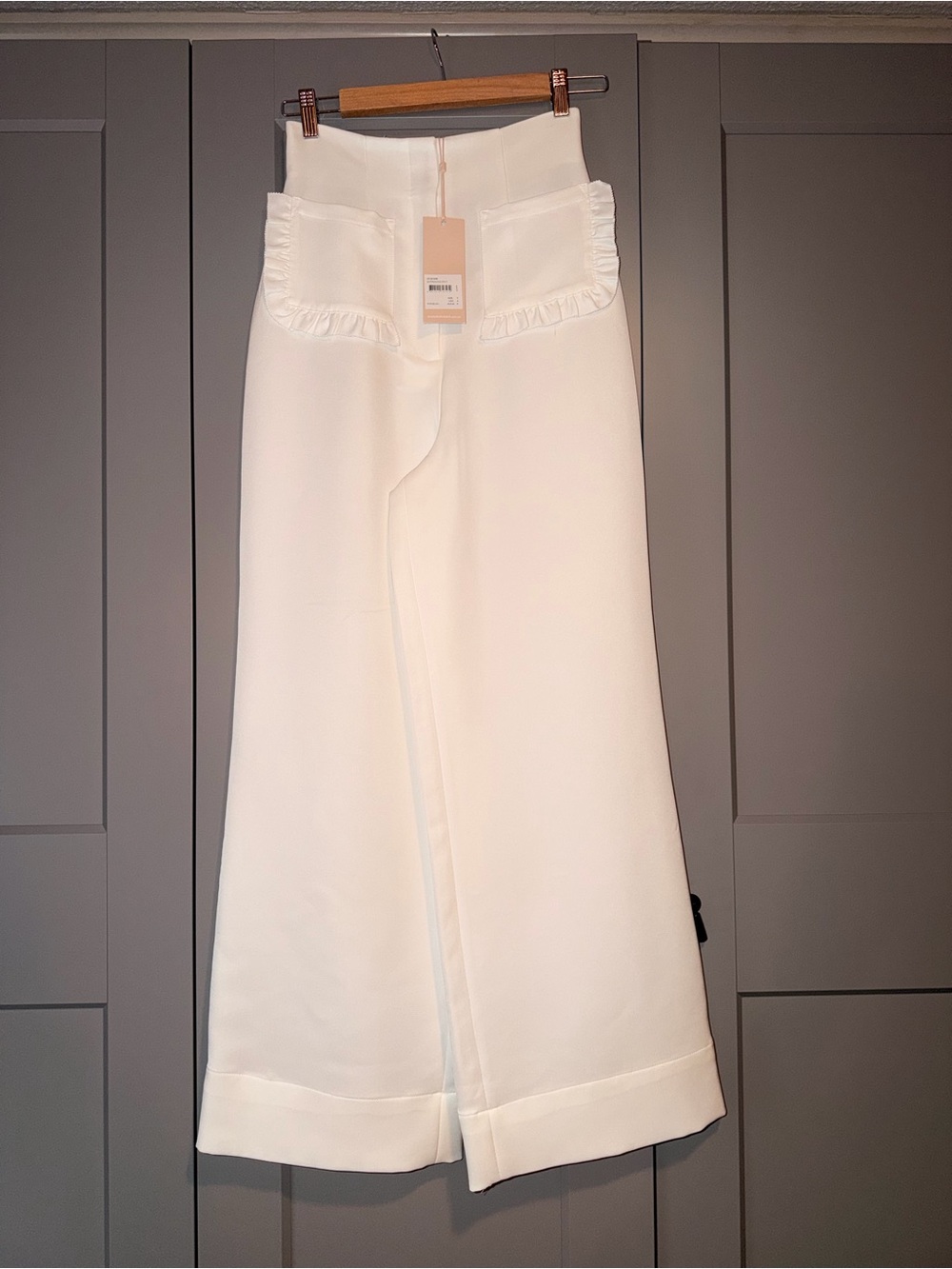 KEEPSAKE the Label White High-Rise Wide-Leg Pants with Ruffle Pocket Trim